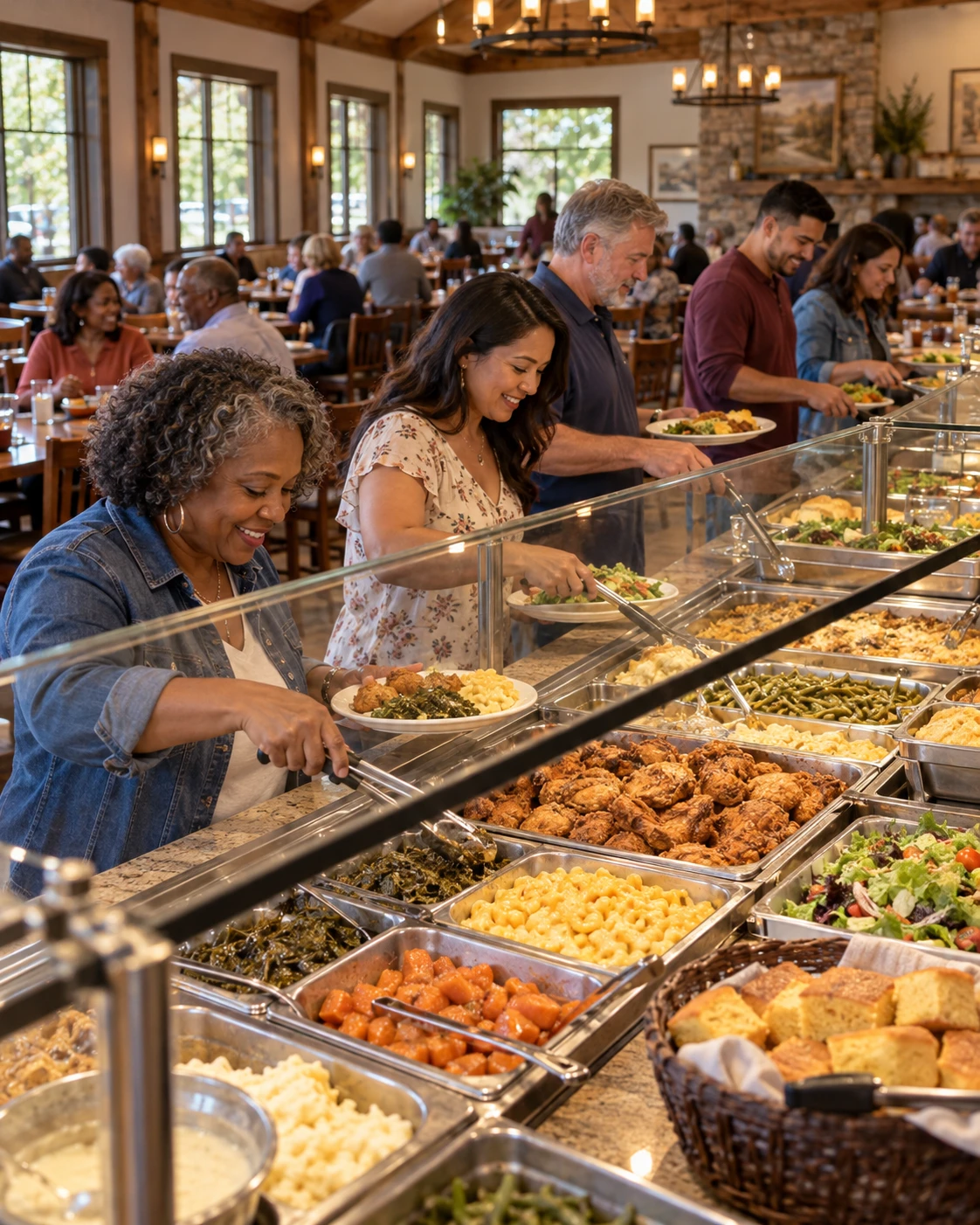 Diverse guests serving themselves at a Southern buffet and dining together